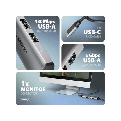 AXAGON | Docking station | HUE-H3A STARTER 4in1 USB-C Hub | Grey