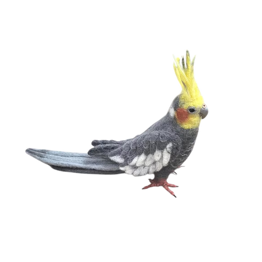 Felted wool sculpture of a Cockateil parrot | Handmade | Grey