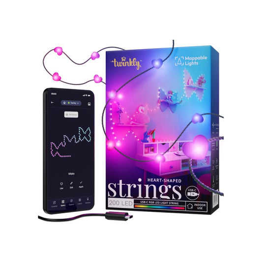 Twinkly Candies | 200 Heart-shaped RGB LED Lights | Green Wire | USB-C